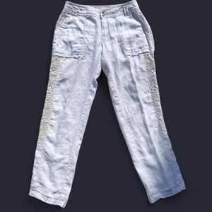 Hei Hei Anthropologie White Linen Crochet Lace Side Trim Roll Tab Pants Size 26